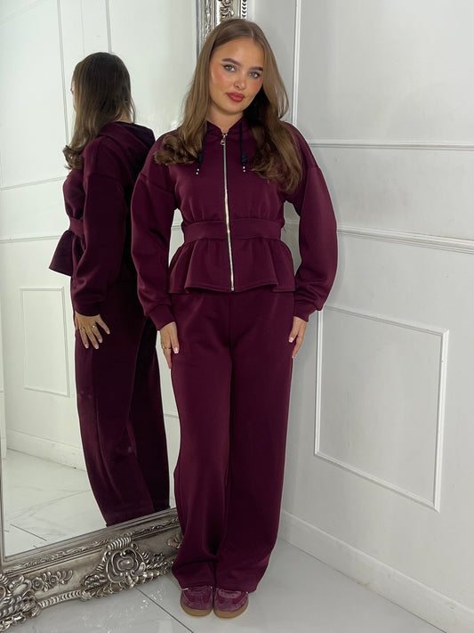 Straight Leg Trousers & Sinch Waist Detail Hoodie Co Ord - Wine
