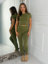 Round Neck Short Sleeve Second Skin Top & Sculpt Panel Leggings - Khaki green