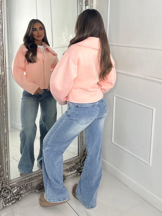 Zip Up Oversized Collar Jacket - Baby Pink