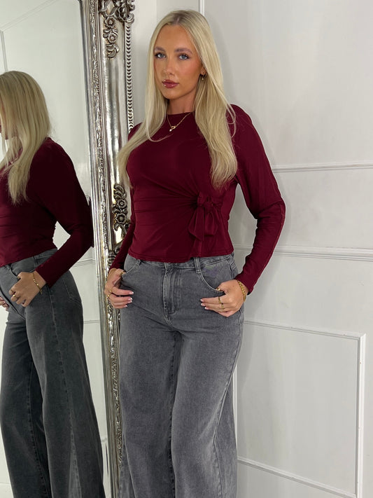 Bow Detail Long Sleeve Top - Wine