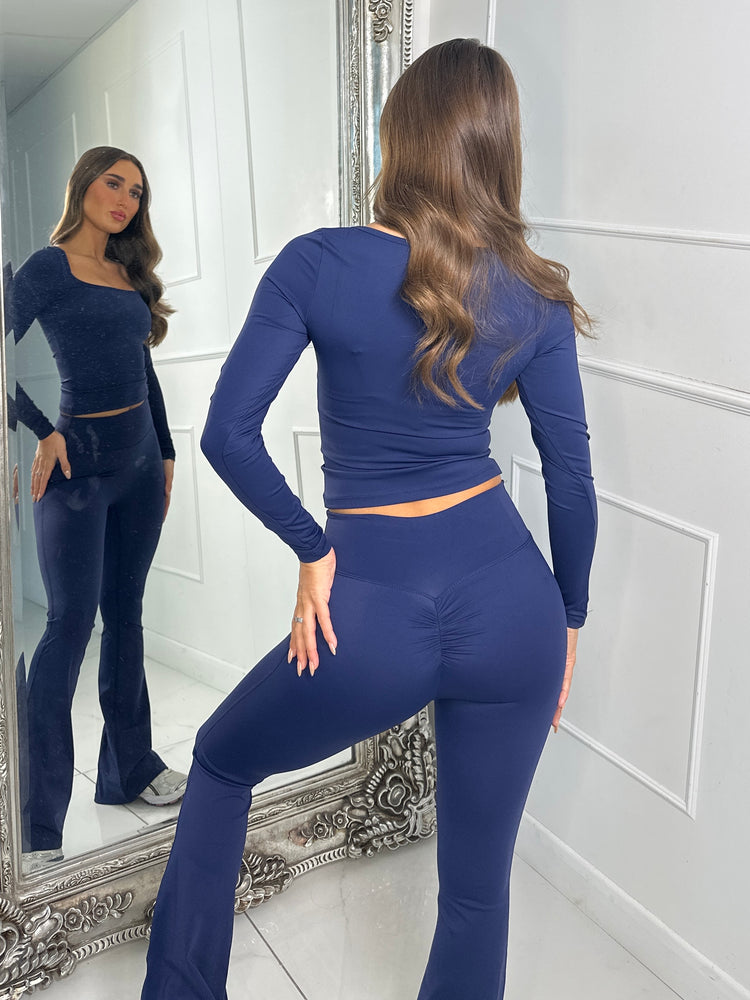 Square Neck Long Sleeve Top & Sculpt Ruched Bum Flares Co-ord - Navy