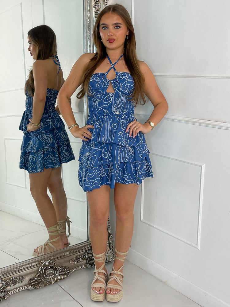 Swirl Textured Ruffle Bandeau Dress - Denim Blue