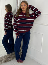 Stripe Detail Knitted Long Sleeve Jumper - Wine/Navy