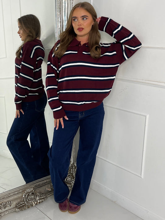 Stripe Detail Knitted Long Sleeve Jumper - Wine/Navy