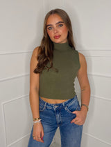 Sleeveless High Neck Jumper - Khaki Green