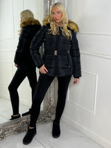 Padded Belted Coat With Faux Fur Hood - Black/Natural