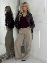 Oversized Leather PU Jacket with Drawstrings - Brown