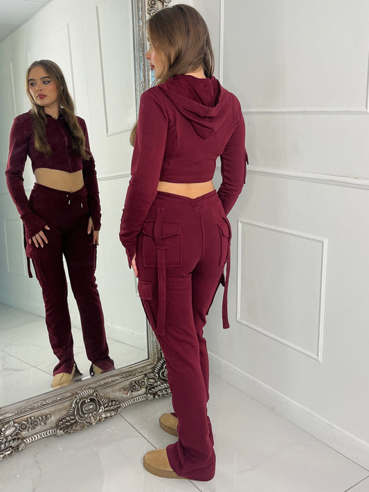 Corset detail hooded top & Ruche Back pocket Joggers Set - Wine