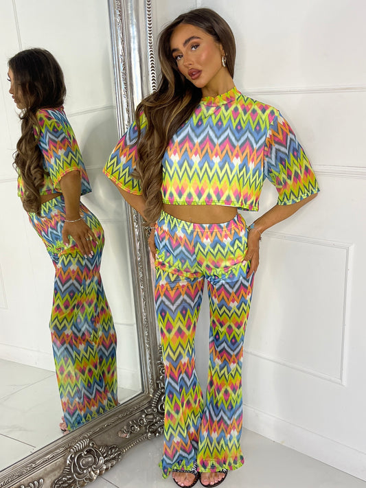 Mesh Cropped T-Shirt and Flares Co-Ord - Multi Zigzag