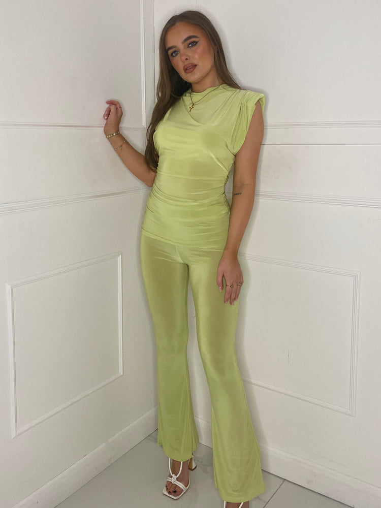 Padded Shoulder Cowl Neck Top & Fold Over Flares set - Lime Green