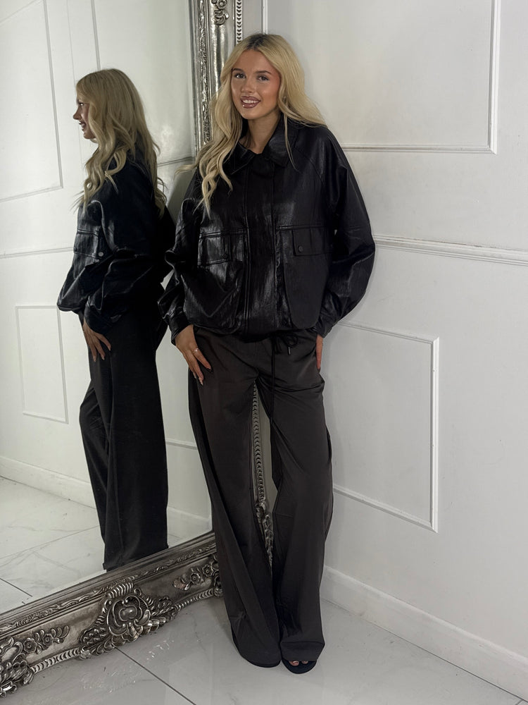 Oversized Leather PU Jacket with Drawstrings - Black