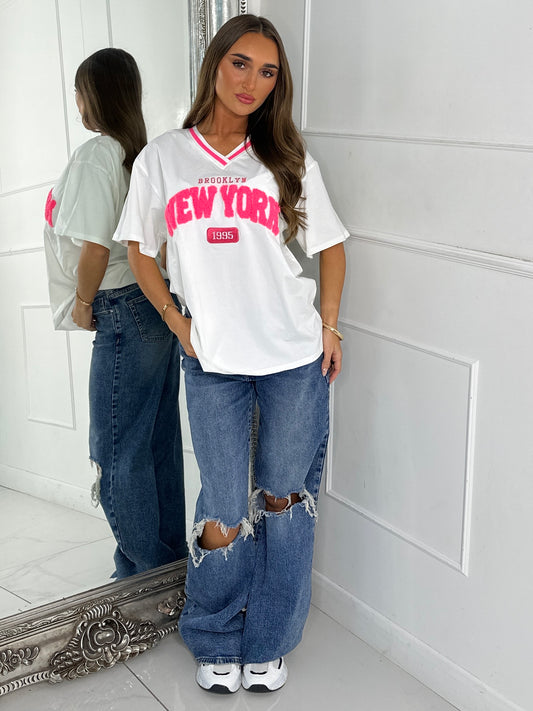 V Neck Oversized Varsity Tee- White & Neon Pink