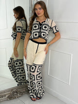 Patterned Crochet Skirt & Flared Pants Co ord - Beige / Black