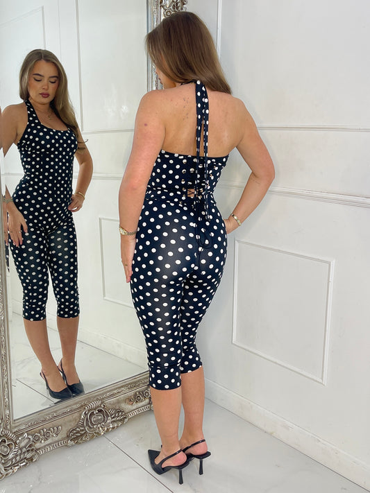 3 Piece Halter Neck Top , Corset & Capri Leggings - Black Polka Dot