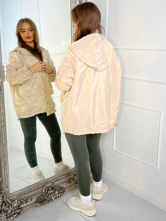 Long Ruched Sleeve Windbreaker Jacket - Cream