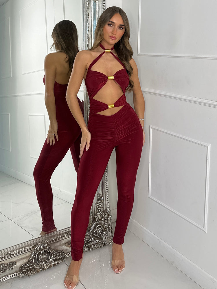 Halter Neck & Gold Twist Detail Jumpsuit - Wine