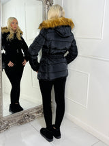 Padded Belted Coat With Faux Fur Hood - Black/Natural