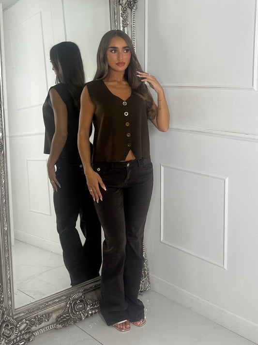 V Neck Sleeveless Knitted Waistcoat - Chocolate Brown