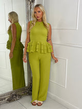 Cheesecloth High Neck Ruffle Bottom Top & Matching Flares Co-ord - Lime Green