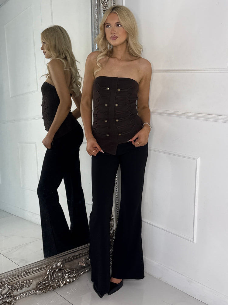 Swirl Embroidery Detail Bandeu Top - Brown