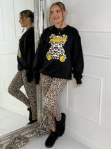 Leopard Print Teddy Oversized Sweatshirt - Black