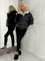 Hooded Puffer Coat With Faux Fur Trim - Black/Apricot Fur