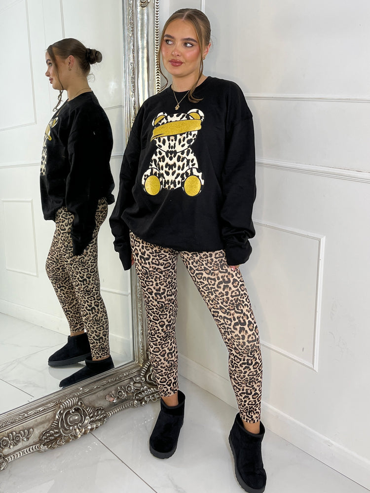 Leopard Print Teddy Oversized Sweatshirt - Black