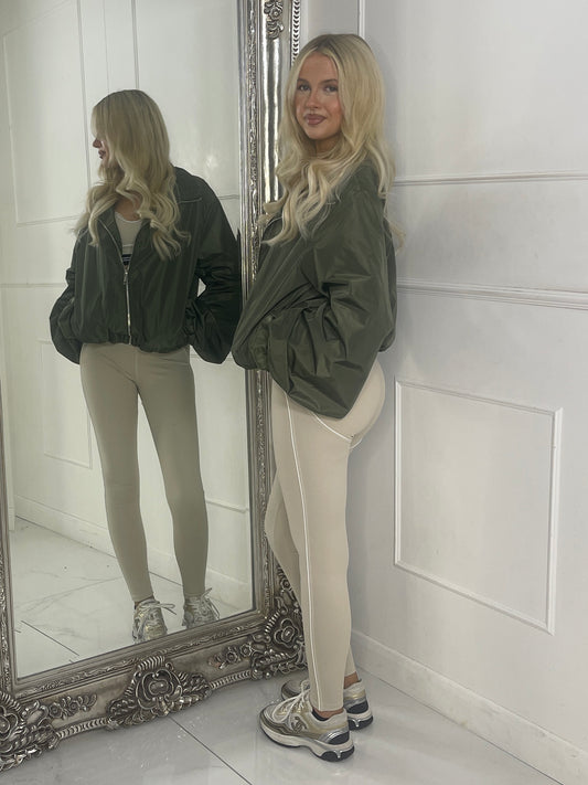 Zip up Puff sleeve oversized windbreaker - Khaki Green