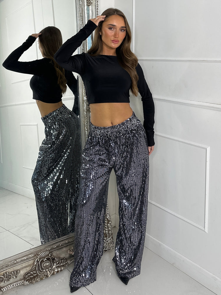 Sequin Wide Leg Trousers - Silver