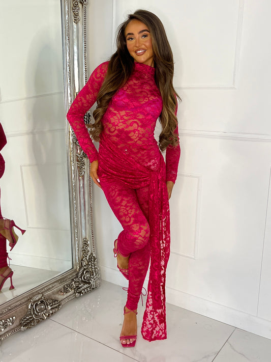 Sash Skirt Overlay Detail Lace Jumpsuit - Hot Pink