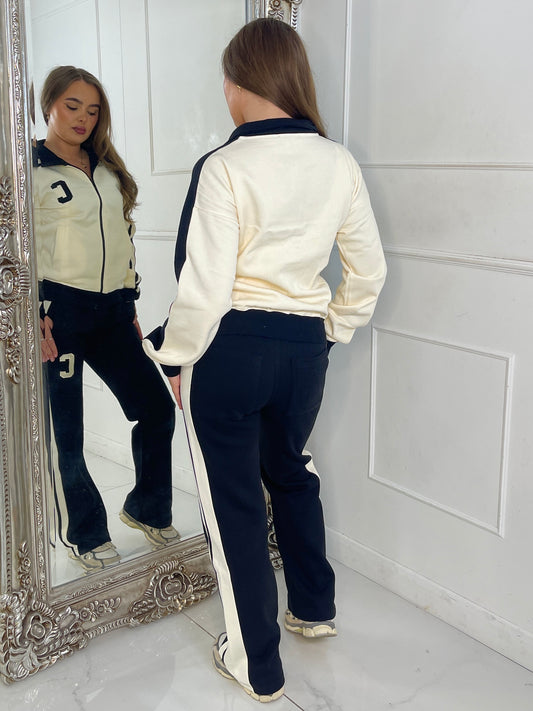 Colour Block Contrast “C” Embroidery Tracksuit - Black/Cream