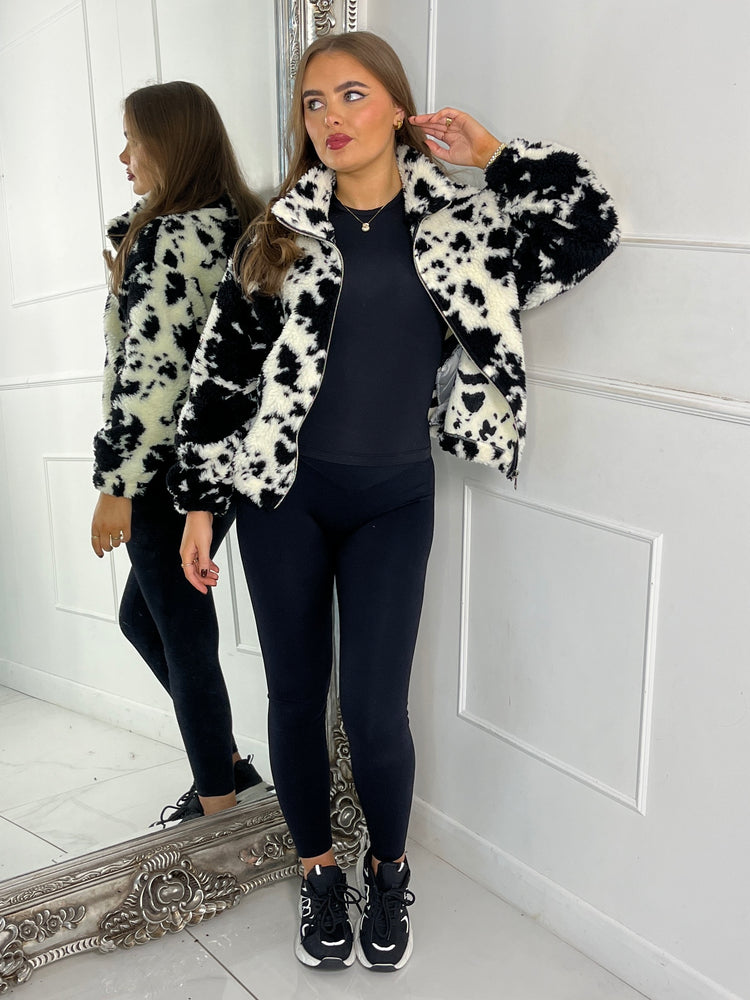 Smudge Print Zip Up Fleece Teddy Jacket - Black/White