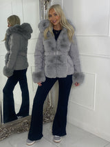 Padded Faux Fur Contrast Belted Jacket - Grey