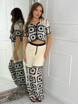 Patterned Crochet Skirt & Flared Pants Co ord - Beige / Black