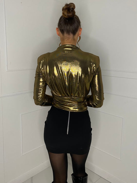 Metallic Padded Shoulder Top - Gold