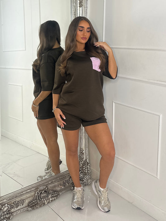 Pink Diamante Pocket Detail T-Shirt & Shorts Co-Ord - Brown