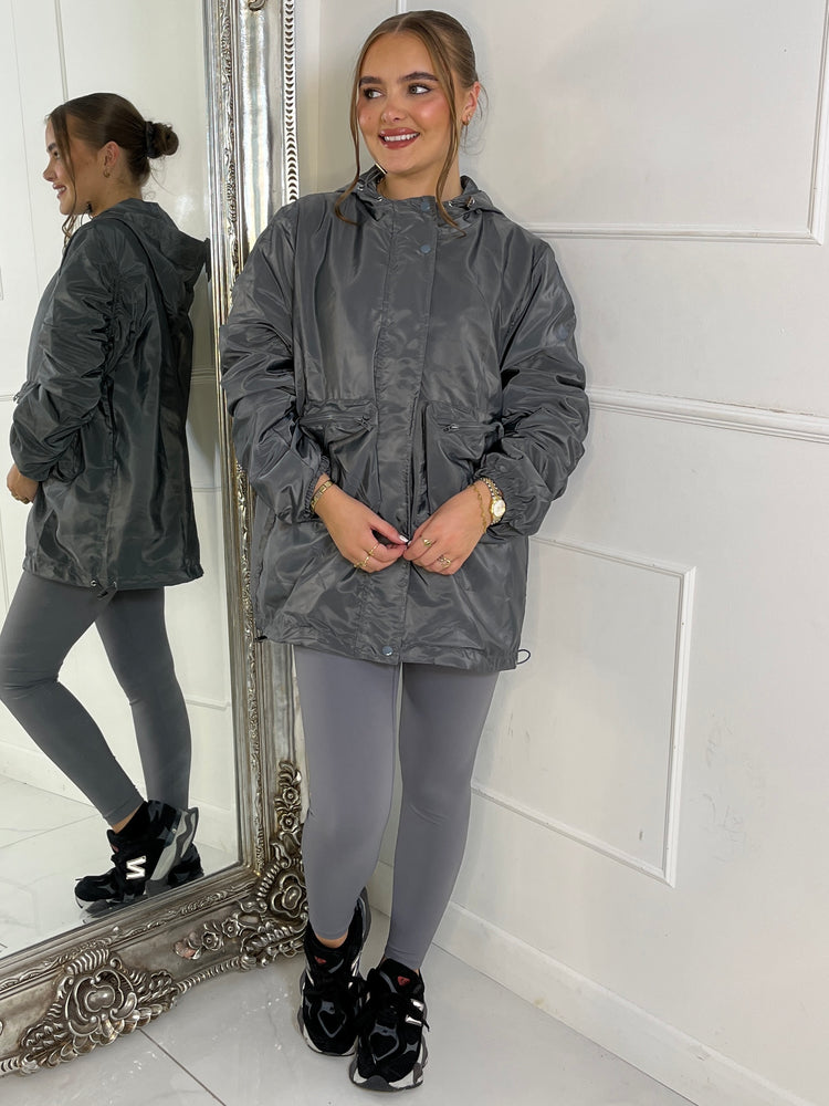 Long Ruched Sleeve Windbreaker Jacket - Charcoal Grey