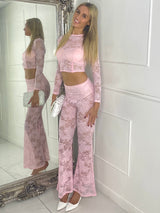 Lace Fitted Long Sleeve Top & Built In Knicker Lace Flares Co-Ord -  Baby Pink
