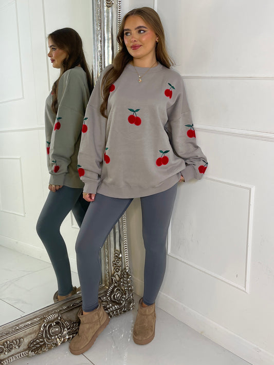 Embroidered Cherry Sweatshirt - Grey