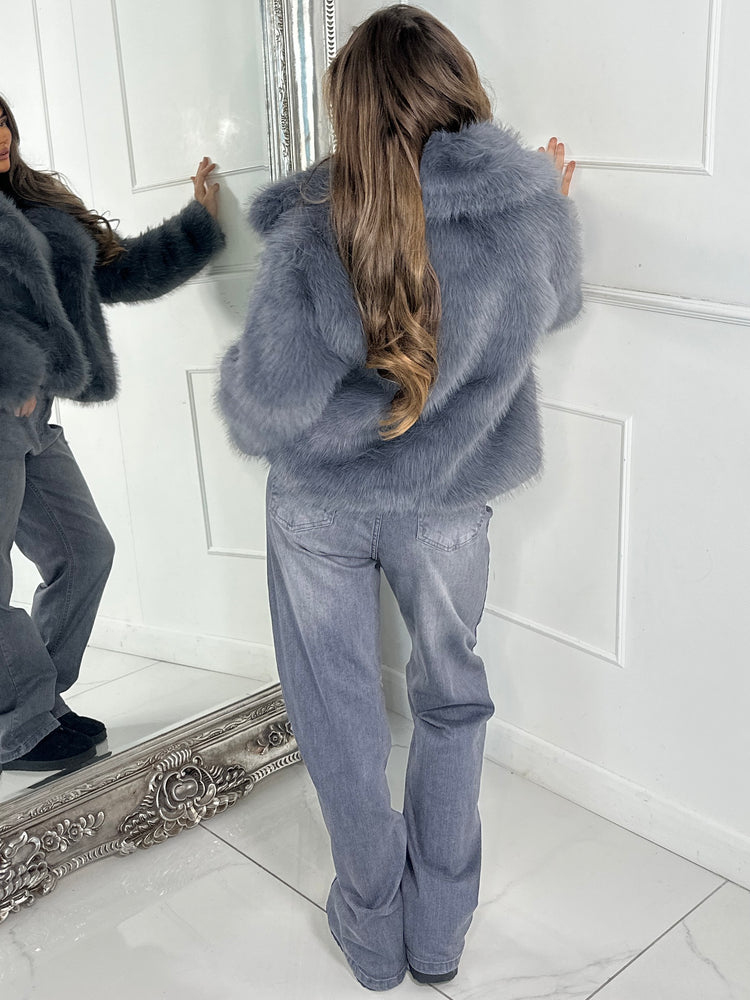 Oversized Collar Faux Fur Coat - Grey