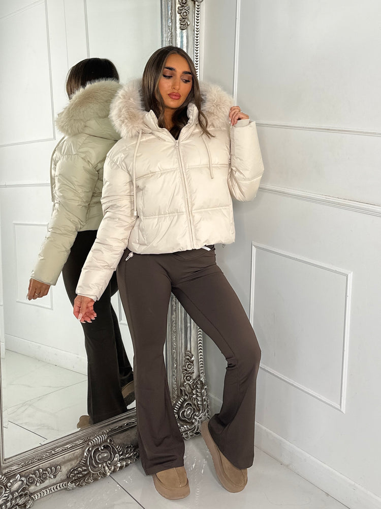 Cropped Faux Fur Trim Padded Jacket - All Cream