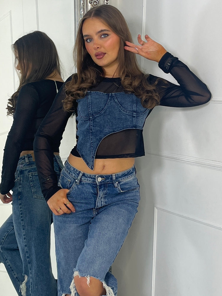 Long sleeve Denim Frill Corset Top - Black Mesh With Blue Denim