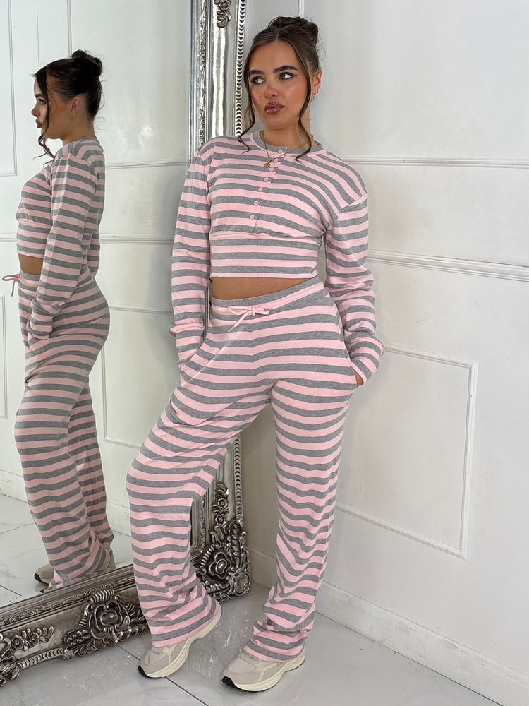 Ribbed Button Up Cinch Waist Co-Ord - Pink Stripe