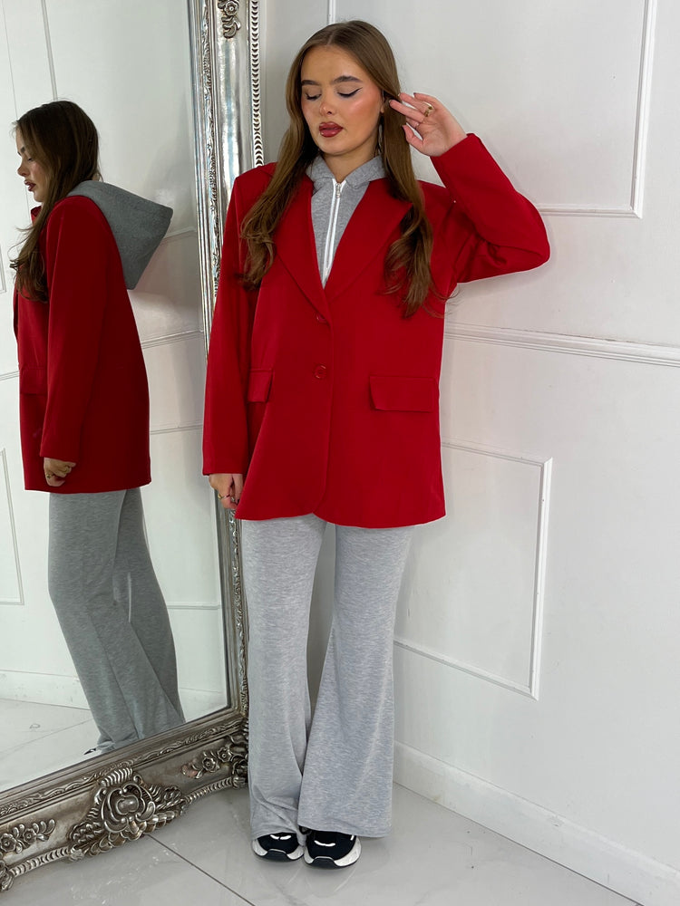 Oversized Blazer With Grey Attached Hood - Red