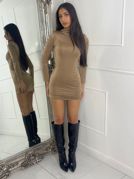 High Neck Diamante Mini Dress - Chocolate