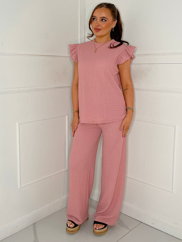 Frill Shoulder Wide Leg Co-ord - Dusty Pink