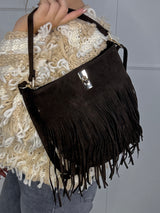 Small Suede Full Tassel Gold Lock Detail Shoulder Bag - Brown