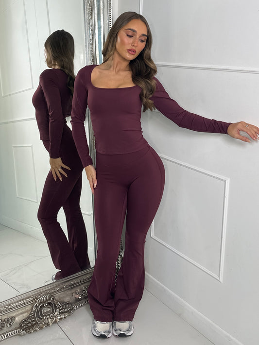 Square Neck Long Sleeve Top & Sculpt Ruched Bum Flares Co-ord - Wine