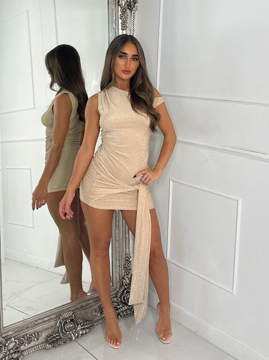 Off Shoulder Ruched Side Tie Drape Glitter Dress - Beige