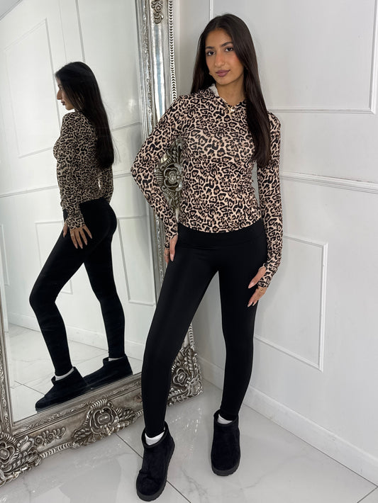 Long Sleeve Second Skin Hooded Top - Leopard Print